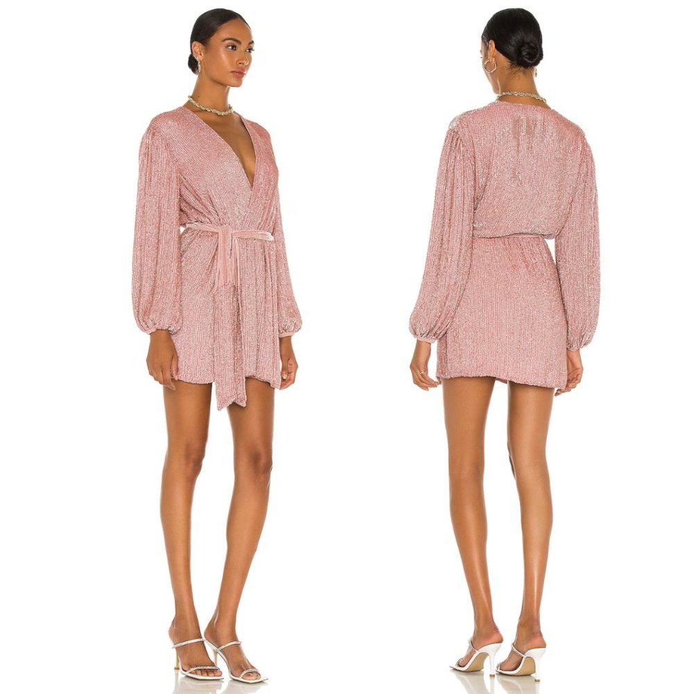 Retrofete Gabrielle Sequin Robe Wrap Mini Dress Sz XS Dusty Rose Blouson Sleeves